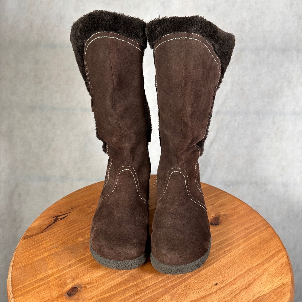 Wanderlust Winter Boots Women 7.5 Brown Good Suede Faux Fur Trim Side Zip - Picture 2 of 13